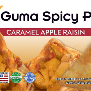 GUMA SPICY PIEs – CARAMEL APPLE RAISIN 20 Single pieces in a pack 12 in a case These pies are delicately spiced, mouth-watering, flaky appetizers that are perfect for any occasion. You will start by eating 1 and end up eating 3 because they are so delicious and habit forming. Plus to top things off, they are nutritious and made with only top-quality ingredients with little or no oil. Use our pies as an exotic hot appetizer, popular party Hors d’Oeuvres, a quick and easy lunch, dinner entree or combo, or even just as a salad topper. 1