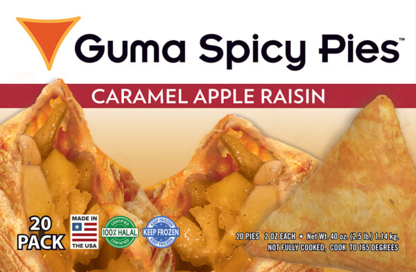 GUMA SPICY PIEs – CARAMEL APPLE RAISIN 20 Single pieces in a pack 12 in a case These pies are delicately spiced, mouth-watering, flaky appetizers that are perfect for any occasion. You will start by eating 1 and end up eating 3 because they are so delicious and habit forming. Plus to top things off, they are nutritious and made with only top-quality ingredients with little or no oil. Use our pies as an exotic hot appetizer, popular party Hors d’Oeuvres, a quick and easy lunch, dinner entree or combo, or even just as a salad topper. 1