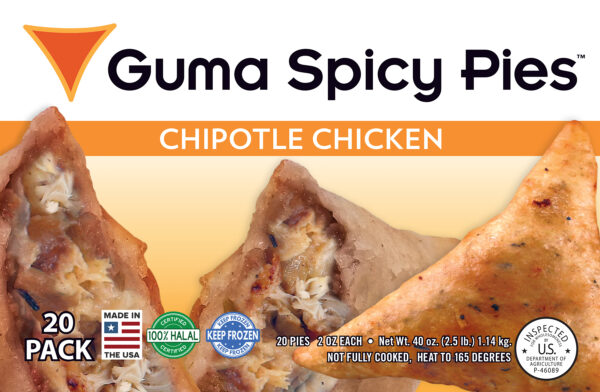 GUMA SPICY PIE – CHIPOTLE CHICKEN SPICY PIE 20 Single pieces in a pack These pies are delicately spiced, mouth-watering, flaky appetizers that are perfect for any occasion. You will start by eating 1 and end up eating 3, because they are so delicious and habit forming. Plus to top things off, they are nutritious and made with only top-quality ingredients with little or no oil. Use our pies as an exotic hot appetizer, popular party Hors d’Oeuvres, a quick and easy lunch, dinner entree or combo, or even just as a salad topper.