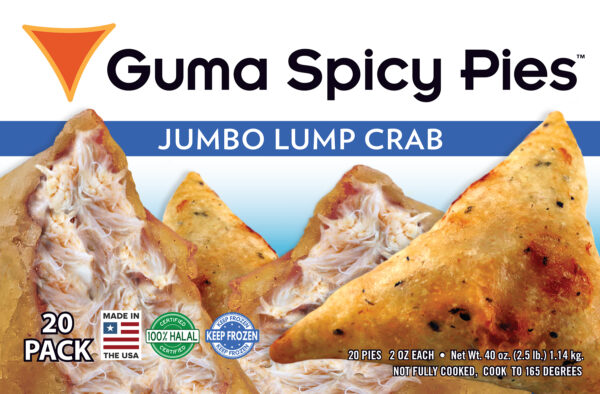 GUMA SPICY PIE – Jumbo Lump CRAB SPICY PIE 20 Single pieces in a pack These pies are delicately spiced, mouth-watering, flaky appetizers that are perfect for any occasion. You will start by eating 1 and end up eating 3 because they are so delicious and habit forming. Plus to top things off, they are nutritious and made with only top-quality ingredients with little or no oil. Use our pies as an exotic hot appetizer, popular party Hors d’Oeuvres, a quick and easy lunch, dinner entree or combo, or even just as a salad topper.