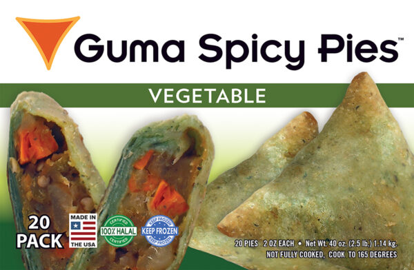 GUMA SPICY PIE – VEGETABLE SPICY PIE 20 single pieces in a pack These pies are delicately spiced, mouth-watering, flaky appetizers that are perfect for any occasion. You will start by eating 1 and end up eating 3 because they are so delicious and habit forming. Plus to top things off, they are nutritious and made with only top-quality ingredients with little or no oil. Use our pies as an exotic hot appetizer, popular party Hors d’Oeuvres, a quick and easy lunch, dinner entree or combo, or even just as a salad topper.